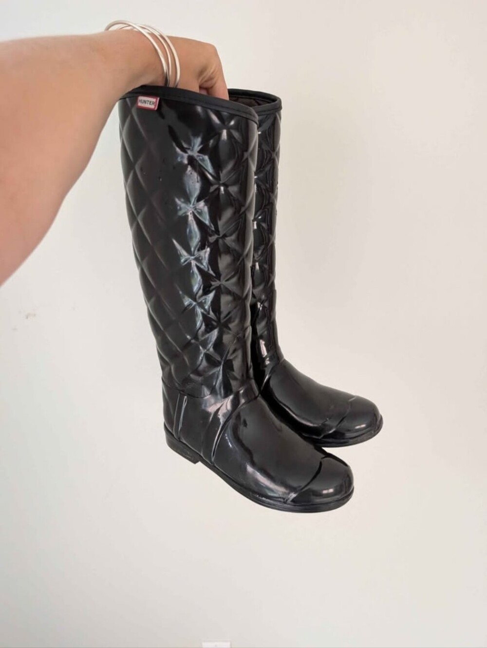 Hunter Refined Black Gloss Quilted Tall Rain Boots US 7 / UK 5